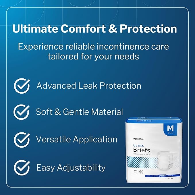 McKesson Ultra Briefs, [16 Count], Size M, 32-44 in. Incontinence Adult Diapers, Heavy Absorbency, Unisex, Disposable, Elastic Leg Gathers and Contoured Fit for Men and Women