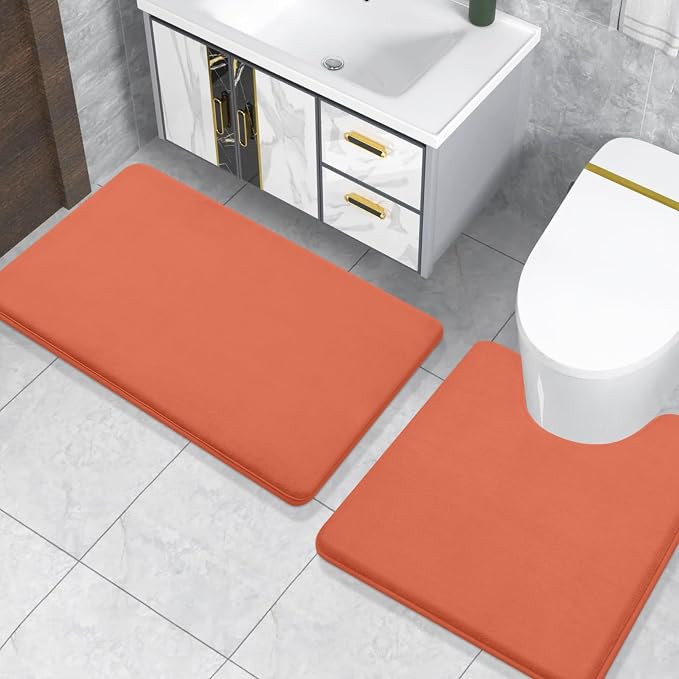 Smiry Memory Foam Toilet Rugs U-Shaped 24x20, Extra Soft Absorbent Non-Slip Contour Bathroom Rugs, Machine Washable Bath Mats for Toilet, Coral