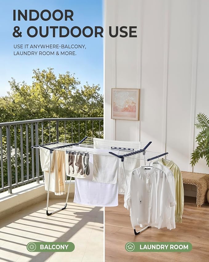 JS HANGER Extendable Clothes Drying Rack with Fold-Out Wings & Sock Clips, Expands from 41" to 67", Extra Wide Laundry Drying Rack Indoor Outdoor, Folding Rack for Clothes, Towels & Delicates