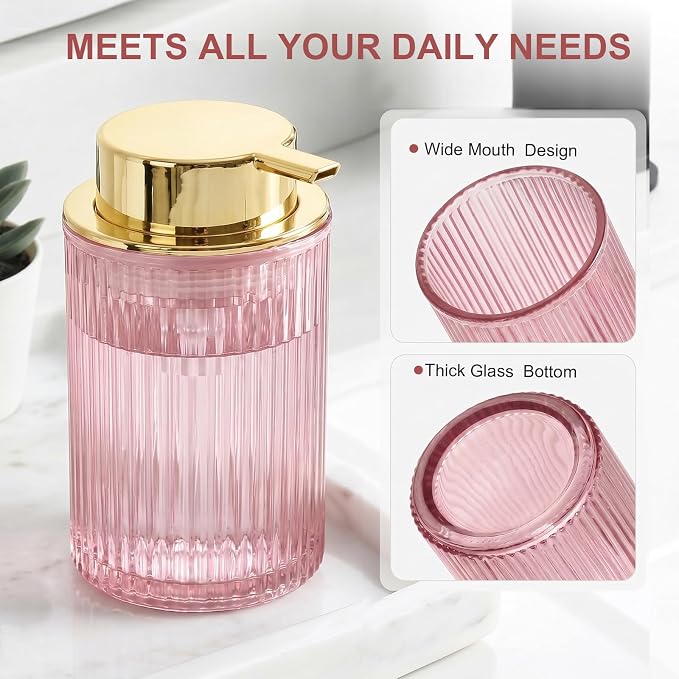 KASUNTING Pink Glass Foaming Soap Dispenser, Ribbed Foam Hand Soap Dispenser for Bathroom, 11 Fl Oz Refillable Foaming Pump Bottle with Black Pump, Modern Dish Soap Foam Dispenser