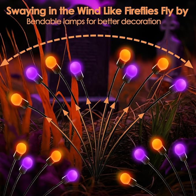 OZS 6Pack 48LED Solar Firefly Halloween Lights Outdoor for Party Decor | Purple Orange Lights for Halloween Decorations, Swaying Firefly Effect, IP65 Waterproof, 2 Modes for Path Garden Yard