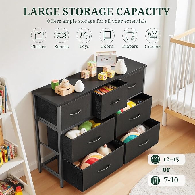 7-Drawer Dresser for Bedroom, Anti-Tip Wide Storage Organizer Fabric Chest of Drawers TV Stand for 45" TV with Wooden Top and Metal Frame for Closet, Living Room, Hallway, Entryway, Black