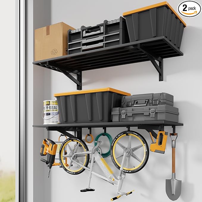 Jusgym 2-Pack 1.5x4ft Garage Shelving Wall Mounted, 1.5' x 4' Heavy Duty Garage Storage Shelves with Hooks, 500LB Capacity