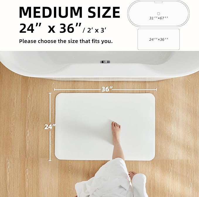 TYUU White Bath Mat, Bathroom Rugs Non Slip Washable Thin Absorbent Quick Dry Bath Mat Fits Under Door Bathroom Floor Mat Perfect for Bath, Shower, or Sink 24"x36" White