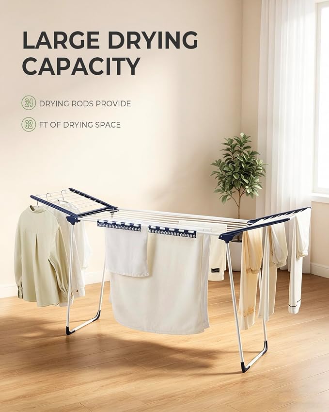 JS HANGER Clothes Drying Rack with Fold-Out Wings & Sock Clips, Extra Wide 73" Laundry Rack Indoor Outdoor, Folding Drying Rack for Clothes, Towels & Delicates, Space Saving for Apartment