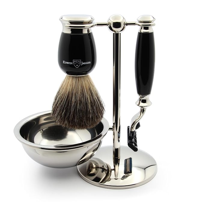 Edwin Jagger S81M586BAMZ Imitation Ebony & Nickel Classic Shaving Set with Pure Badger Shaving Brush, Mach 3 Razor and Shaving Bowl for Shaving Cream or Soap for Men and Women