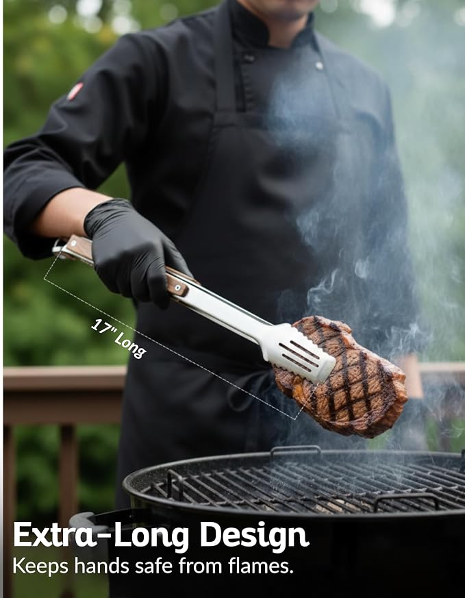 17-Inch Grill Tongs, Heavy Duty 304 Stainless Steel BBQ Tongs, Extra-Long Locking Grilling Tongs for Outdoor Grill & Smoker, Walnut Handle, Gift Pouch