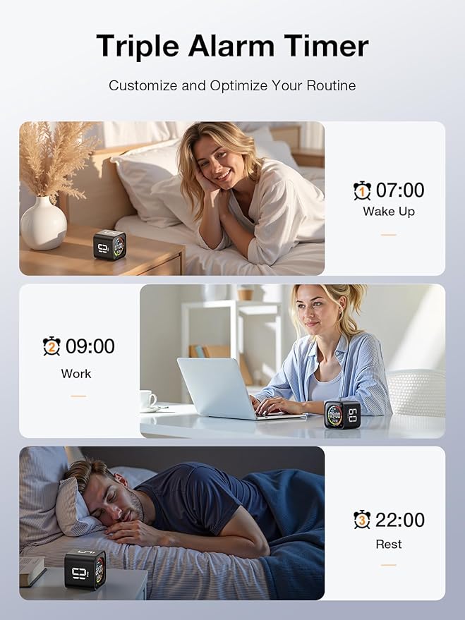 TK3 Pomodoro Timer Cube, Desk Productivity Timer with 5/10/30/60 Min Presets, Custom Countdown, Stopwatch, Clock, 3 Alarm, Silent, Vibrate & Sound Mode, for Task, ADHD, Study, Kitchen,Obsidian Black