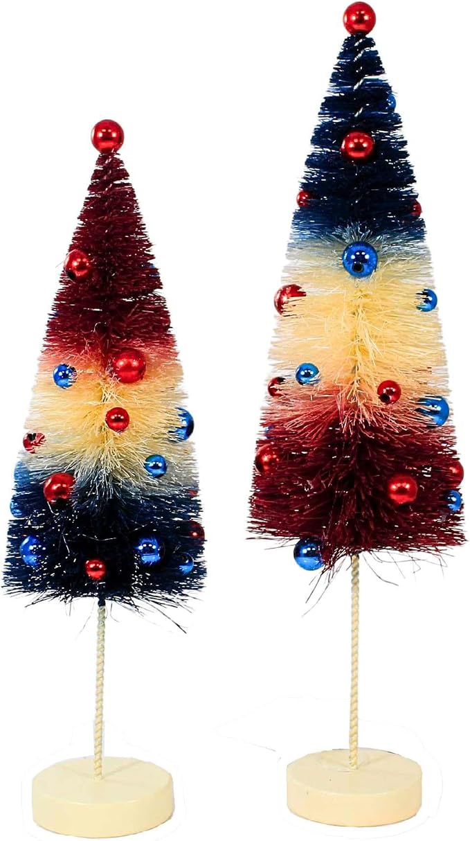 Bethany Lowe Americana USA 9.5" & 11" Bottle Brush Tree with Ornaments - Set of 2