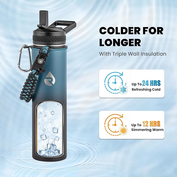 RAYMYLO Insulated Water Bottle 24 oz, Triple Wall Vacuum Stainless Steel (Cold for 24Hrs, Hot for 12Hrs), Leak Proof & Non-BPA, Modern Water Flask Jug with Paracord Handle & Straw Spout Lids