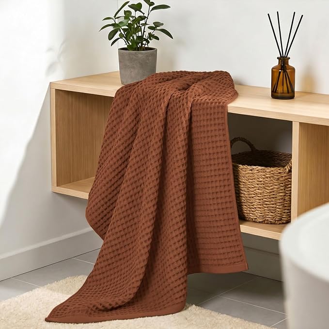 Waffle Bath Towels Set of 2 (Rust) - Fall Bathroom Decor, Large 31” x 62” | Low Lint, Lightweight & Quick Dry Cotton Towels