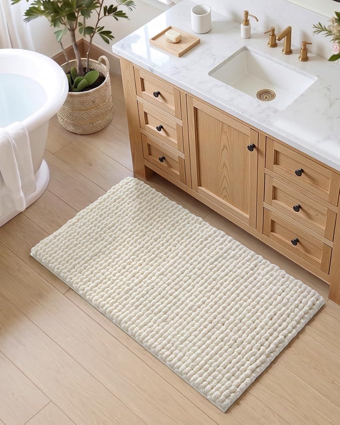 DEXI Bathroom Rugs 43x24, Non Slip Washable Bath Mat, Luxury Chenille Super Absorbent Ultra Thick Bathmats for Shower Floor, Plush Fluffy Shaggy Carpet for Tub, Cream