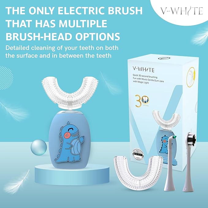 V-WHITE Kids Auto Brush Ultrasonic U-Shaped Toothbrush – 360° Teeth Cleaning, Hands-Free Electric Autobrush for Kids – Gum Protection, Waterproof IPX7, Wireless Charging (Blue)