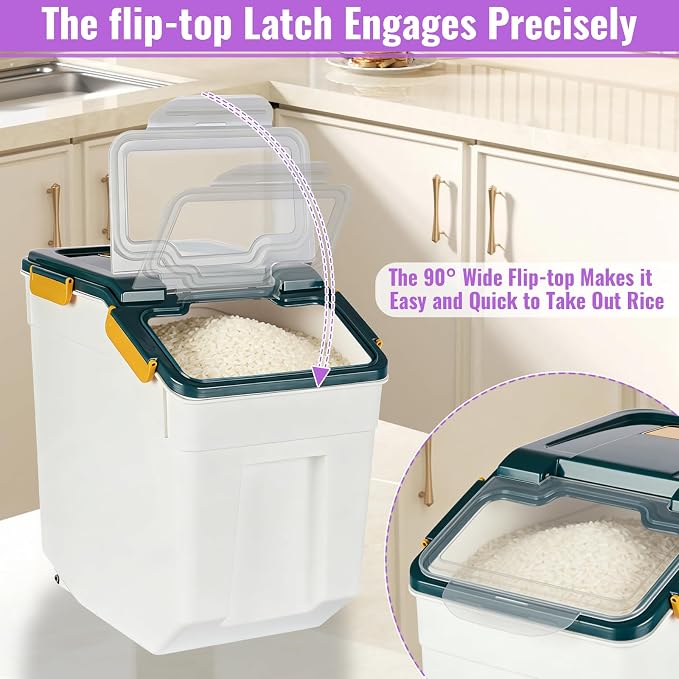 Rice Container 25 lbs Large Bulk Flour Sugar Storage Holdhouse Plastic Grain Cereal Dry Goods Bin with Spoon and Measuring Cup for Kitchen Pantry Organization - Blue