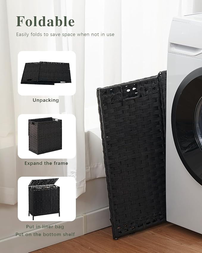 SETVSON Laundry Hamper with Lid, 35 Gal 3-Bag Clothes Sorter, Black | Large Family Laundry Trunk with Lid, 3 Compartment Sorting Liner, 6 Wash Bags, Elevated PE Rattan Bin with Handles