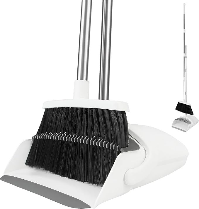 Broom and Dustpan Set for Home, 52-in Long Handle Broom with Dustpan Combo with Dustpan Teeth Easy to Scrape Off Pet Hair, Indoor&Outdoor Sweeping (White)