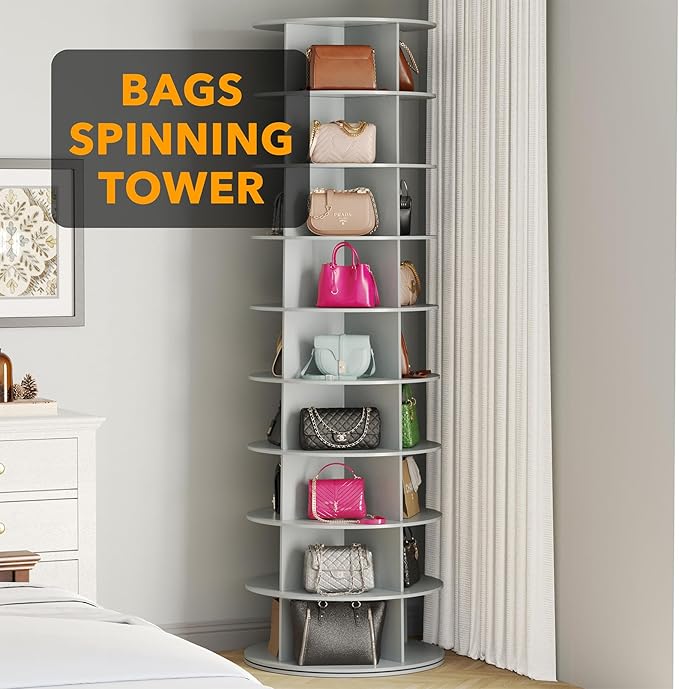 SpaceAid 9 Tier Rotating Shoe Rack Tower, Spinning Shoe Display Lazy Susan, Revolving 360 Shoe Rack Storage Round Carousel, Vertical Handbag Rotate Shoes Closet Organization (9-Tier Gray)