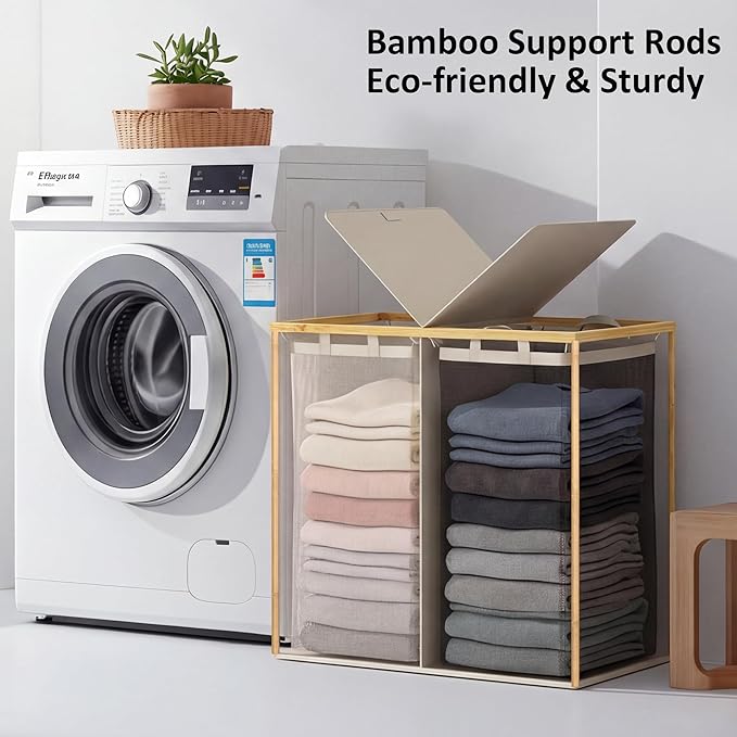 efluky Laundry Hamper with Lid, Double Laundry Basket with 2 Removable Bags, 2 Section Laundry Bin with Bamboo Handles for Bathroom, Bedroom & Laundry Room, 140L (36.9 Gallon) Beige