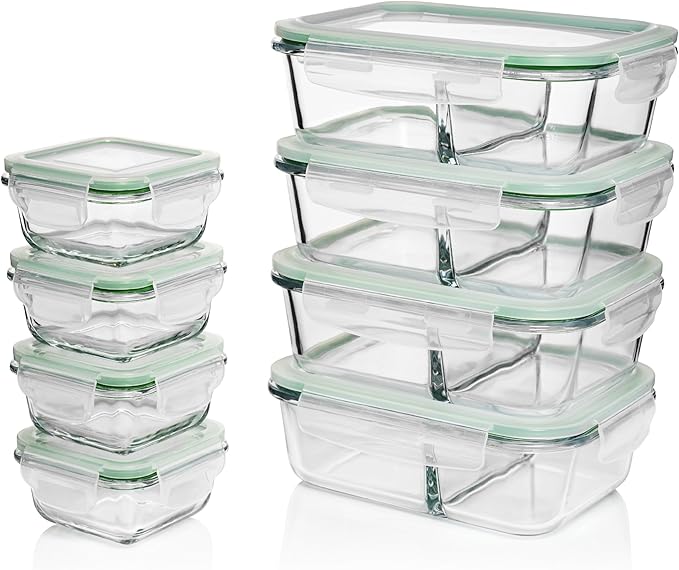 Glass Prep Containers - 8 Pack 2 Compartment 33 oz | High Borosilicate, 4 Large 980 ml, 4 Small 140 ml, BPA-Free Lids, Airtight Silicone Seal, Oven Safe 752 F, Dishwasher Safe