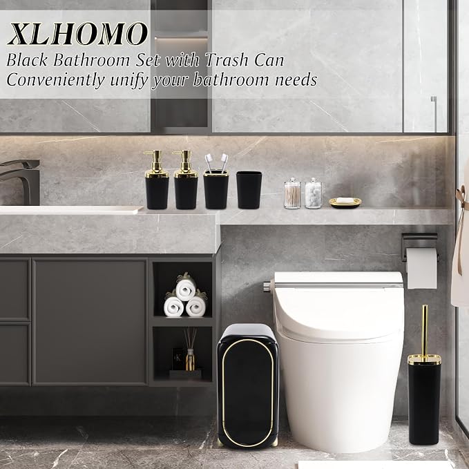 XLHOMO Bathroom Accessories Set, 10 Pieces Black and Gold Bathroom Set, Bathroom Accessory Set with Slim Trash Can,Soap Dispenser,Toilet Brush,Toothbrush Set, Qtip Holders for Housewarming