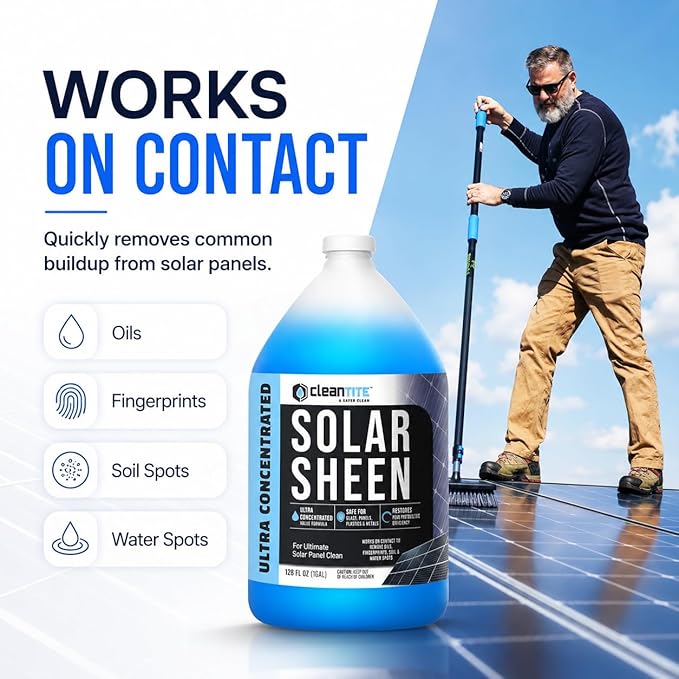 Solar Panel Cleaner 1 Gallon (Makes 512 G) - Super Concentrated Cleaning Solution for Glass, Metal, Wood & Plastic - Remove Oil, Fingerprint & Water Spots - Multipurpose Solar Panel Cleaning
