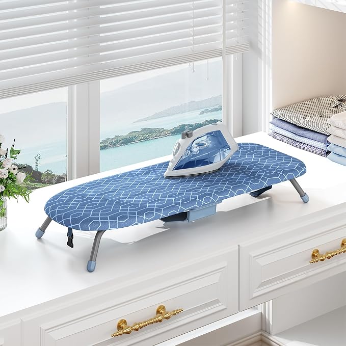 Kingboard Tabletop Ironing Board with Iron Holder, Small Iron Board with Heat Resistant Covers, Portable Mini Ironing Board with Non-Slip Feet for Home Travel, 12 * 32 Blue