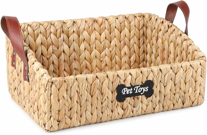 Trapezoid Pet Dog Toy Basket,Medium Dog Toy Bin,Wicker Storage Basket for Dog Cat Toys,Dog Storage Organizer for Leash Blanket Toys Snacks -Natural Farmhouse Water Hyacinth