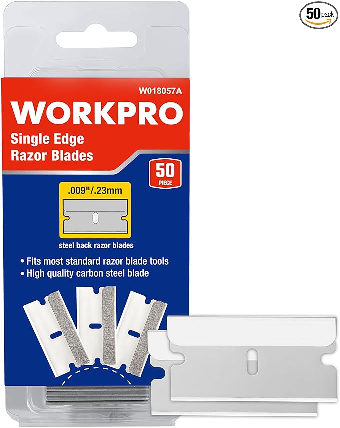 WORKPRO 50-Pack Single Edge Razor Blades, Carbon Steel Scraper Blades | Industrial Scraper Razor Blades, High Carbon Steel One Edge Razor Blades for Paint, Sticker & Label Removal