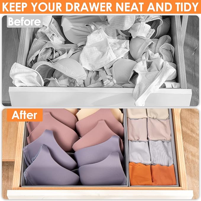 Criusia 6 Pack Sock Underwear Drawer Organizer Dividers, 58 Cell Foldable Fabric Dresser Closet Organizers and Storage Bins for Clothing, Baby Clothes, Bra, Panty, Scarf, Ties (Grey)