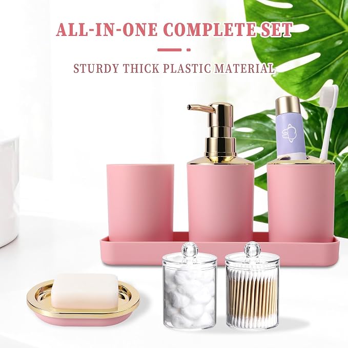 BSSN Pink Bathroom Accessories Set, Luxurious Complete 9-Piece Bath Decor Set with Trash Can, Toilet Brush, Soap Dispenser, Toothbrush Holder, Qtip Jars, Vanity Tray, Soap Dish and Tumbler Cup