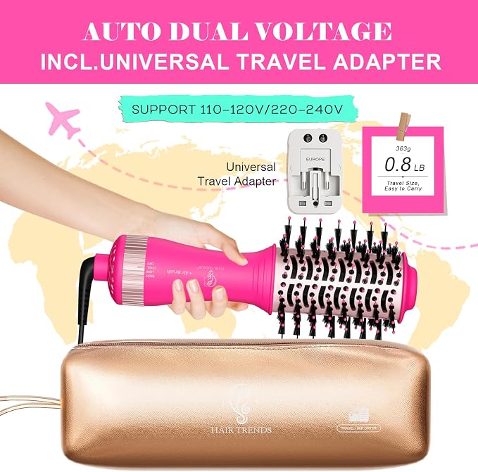 Dual Voltage Travel Hair Dryer Brush, One Step Mini Hot Air Brush Styler & Dryer, Hair Trends Nano Titanium 2 Inch Oval Shape Volumizer, Europe Travel Essentials for Women
