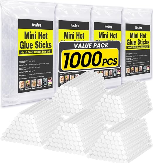1000 Pack Mini Hot Glue Sticks, 4" Long x 0.27" Diameter Glue Sticks for Mini Glue Guns, Multipurpose for Wood, Metal, Glass, Plastic, Floral, Fabric, Leather, Foam, Floral