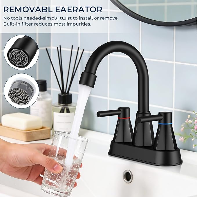Bathroom Faucet 3 Hole Matte Black, 4 Inch Bathroom Sink Faucet Centerset with Pop Up Drain, Double Handle Vanity Faucet 3 Hole with 360° Swivel Spout, Rv Bathroom Sink Faucet