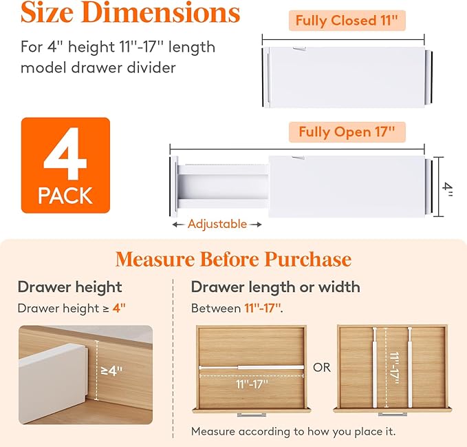 Lifewit 4 Pack Upgrade Drawer Dividers for Clothes, 4" High 11"-17" Adjustable Dresser Drawer Organizers, Expandable White Plastic Drawer Separators for Kitchen, Nursery, Office Organization & Storage