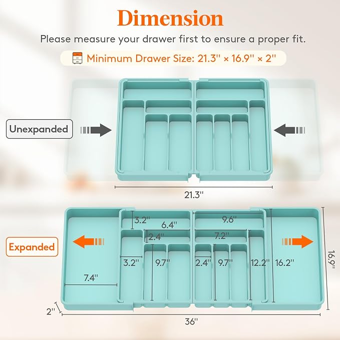 Lifewit Silverware Drawer Organizer, Expandable BPA Free Plastic Utensil Tray for Kitchen, Adjustable Flatware Cutlery Holder for Spoons Forks Knives, 21.3- 36 x 16.9", Turquoise