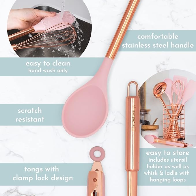 Copper and Pink Kitchen Utensils Set - 17-Piece Silicone Cooking Tools with Copper Utensil Holder and Pink Measuring Cups and Spoons for Baking and Everyday Cooking - Stylish Kitchen Accessories