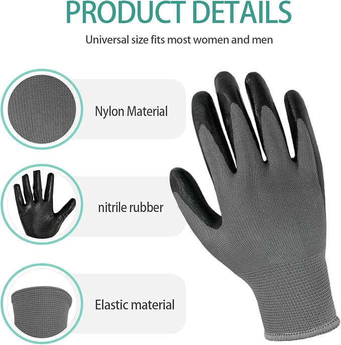 YOUKE OLA 120 Pair Gardening Gloves for Men Women, Breathable Rubber Coated Garden Gloves Working Gloves for Gardening, Construction Black 9/Large