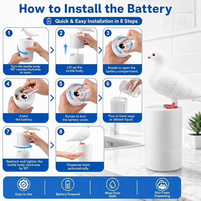 Touchless Foam Soap Dispenser, White Peace Dove Design, 300 mL | Touchless infrared foam dispensing with a refillable 300 mL tank