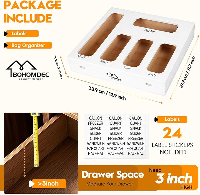 Bamboo Ziplock Bag Storage Organizer for Drawer -White, 5 in 1 Baggie Organizer with 24 Labels - Fits Gallon, Quart, Sandwich & Snack Bags - Wall Mountable Kitchen Drawer Organizer, 3in