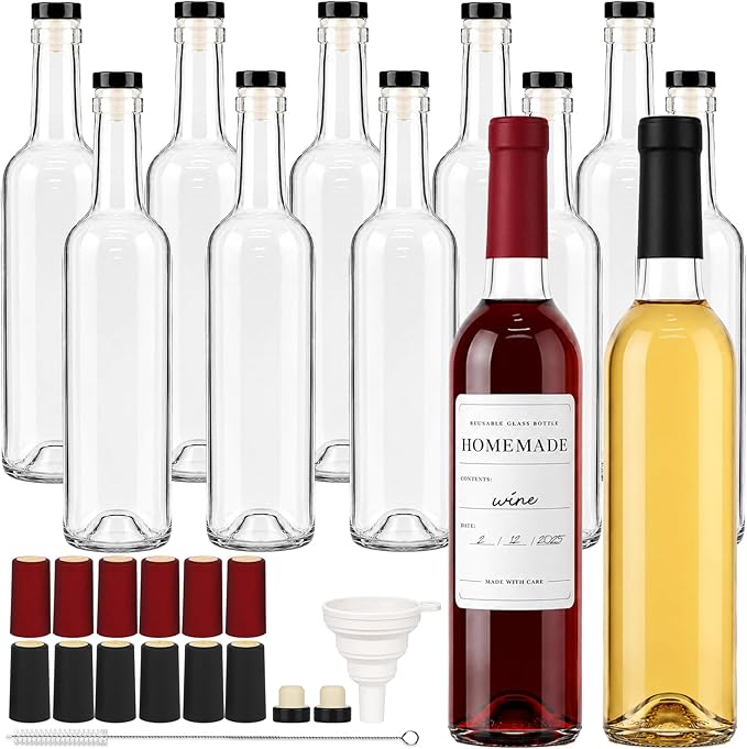 TBWIND 12 Pack 16oz Clear Glass Wine Bottles, 500ml Liquor Bottles with T-Top Corks & Shrink Capsules for Limoncello, Mead, Kombucha & Vanilla Extract, Includes Funnels & Brush