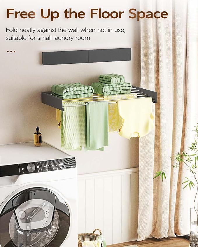 Vikaqi Wall Mounted Clothes Drying Rack 40", Foldable Wall Mount Laundry Rack Folding Indoor, Drying Rack Clothing Collapsible, Hidden Space Saver with Wall Template, 6 Rods, Black