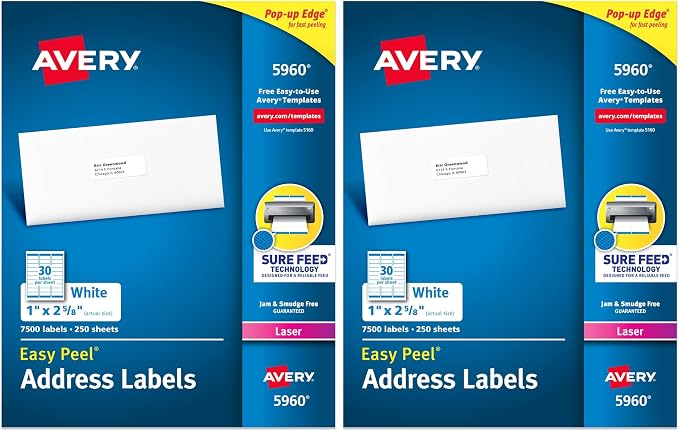 Avery Easy Peel Printable Address Labels with Sure Feed,1" x 2-5/8" Customizable Stickers,White,7,500 Blank Mailing Labels,Great for Mailing,Shipping,and More (5960),(Pack of 2)