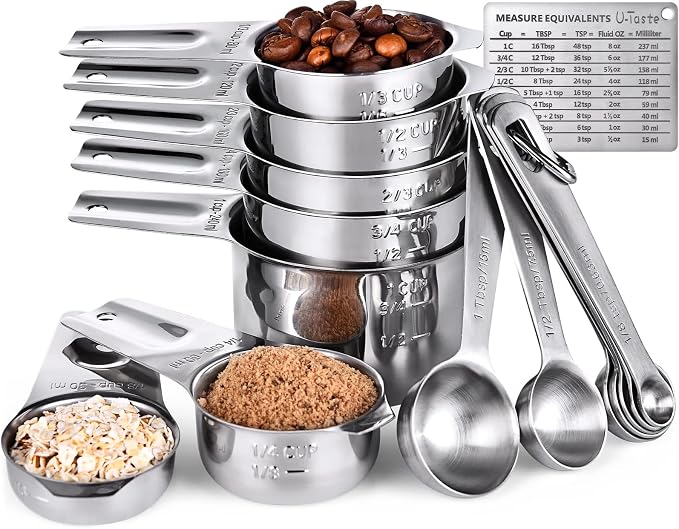 U-Taste Measuring Cups and Spoons Set of 15 : 7 Measuring Cups and 7 Measuring Spoons with 2 D-Rings and 1 Professional Magnetic Measurement Conversion Chart