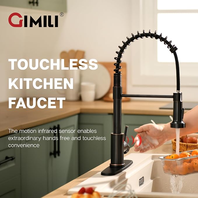 GIMILI Oil Rubbed Bronze Touchless Kitchen Faucet with AC Adapter, Motion Sensor Smart Hands Free Single Handle Kitchen Sink Faucet with Pull Down Sprayer