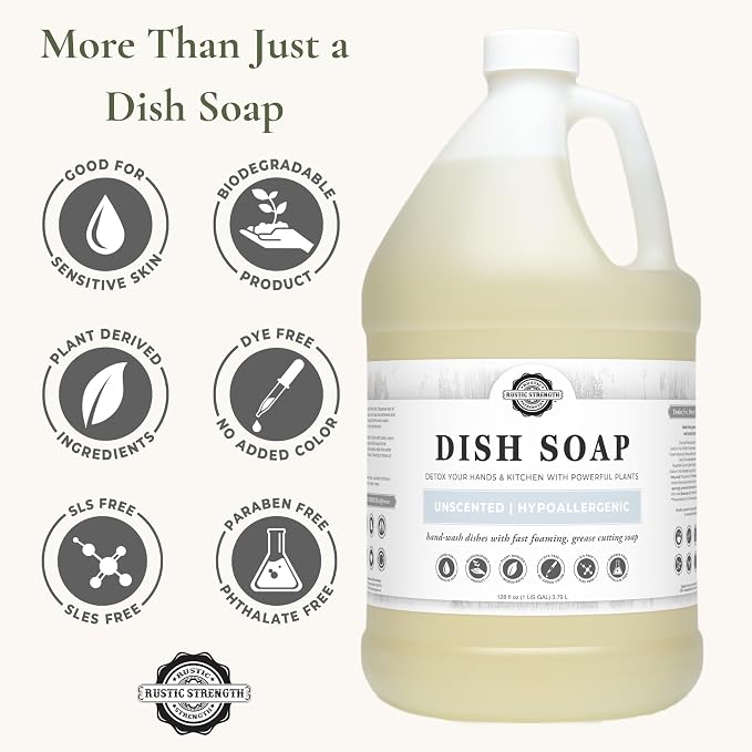 Rustic Strength Natural Dish Soap, Unscented, 64 oz Plastic | Plant-Based Concentrated Formula, Sensitive Skin, Biodegradable, Dye, Sulfate, Paraben,and Phthatlate Free, Septic Safe
