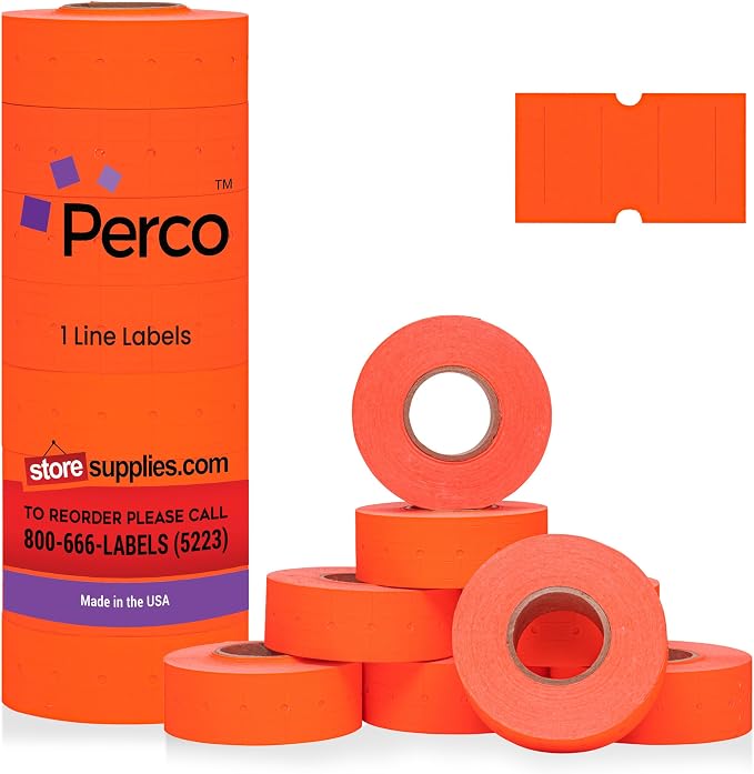 Perco 1 Line Fluorescent Red Labels - 8,000 Blank Price and Date Gun Labels for Perco Lite, X, Plus and Pro 1 Line Price and Date Guns- 8 Rolls, 1 Sleeve - Made in USA