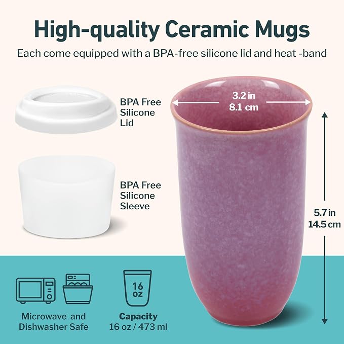 NOVA CERAMICS Coffee Travel Mug – Cup Holder Friendly Travel Mug– Microwave & Dishwasher Safe White & Purple Tumbler - Coffee Mug Fits In Cup Holder – 16oz – Astral Bloom
