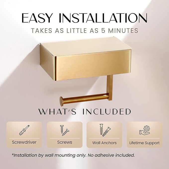 Day Moon™ - Toilet Paper Holder with Shelf - Modern Roll Holder for Bathroom - 1 Pack - Wall Mount - with Storage, Gold