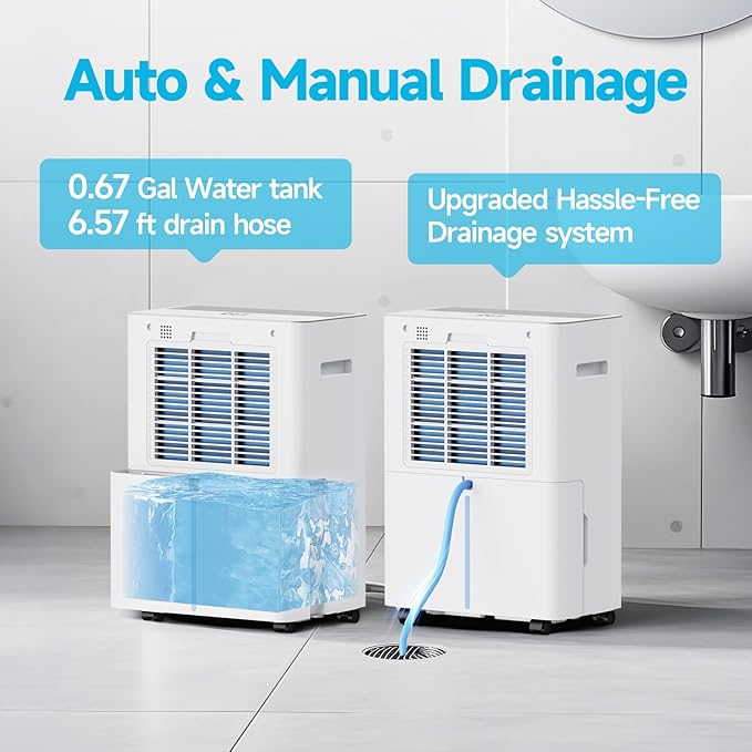 34 Pints Dehumidifiers for Home with 6.56ft Drain Hose, Smart Humidity Control, Max 2441 Sq.Ft Quite & Energy Efficient Dehumidifier for Basement Bedroom Bathroom with Auto Shut Off, 2.5 L Water Tank