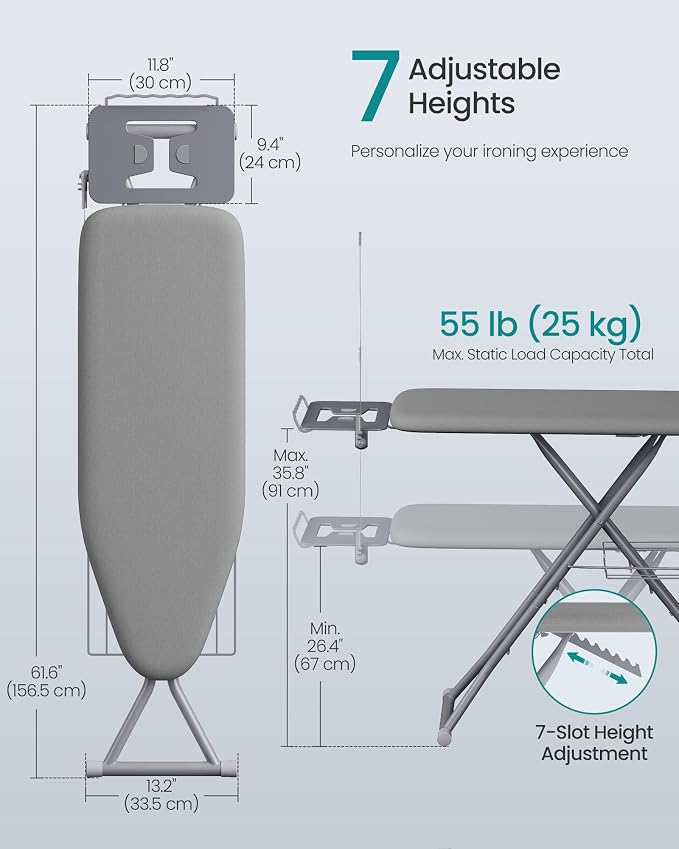 SONGMICS Folding Ironing Board, 13x43, 7-Level Adjustable Height Iron Board with Iron Rest, Cord Holder, Storage Rack, Steel, for Laundry Room, Gray, Borix Collection ULLB008GD01S